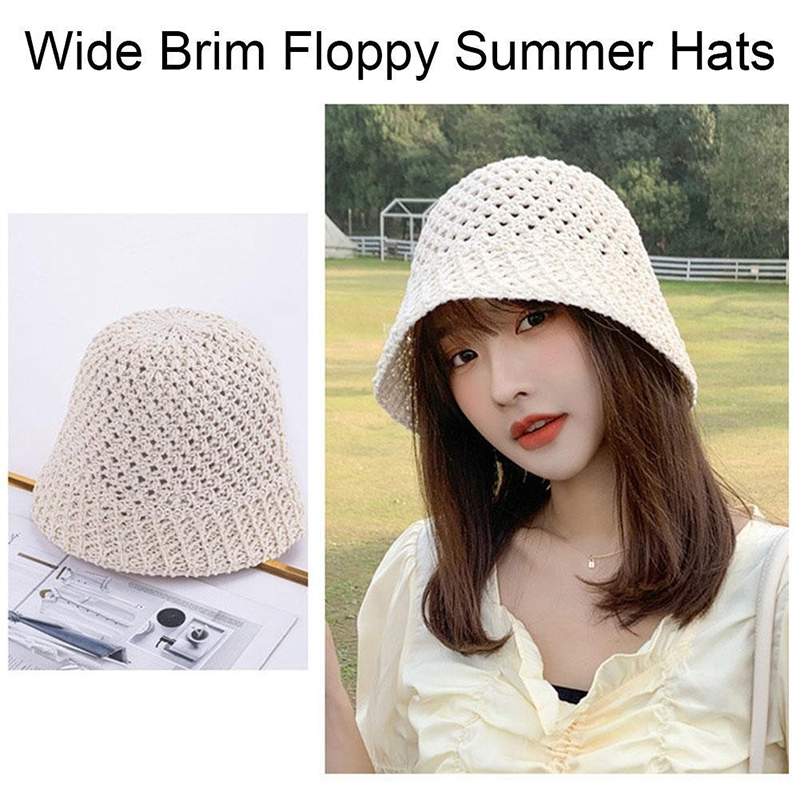 Bucket Hat Straw - 新しい女の子用サンハット、つば広フロッピーサマーハット、女性用ビーチパナマストロードーム織りバケットハット、女性用シェードハット、女性用帽子