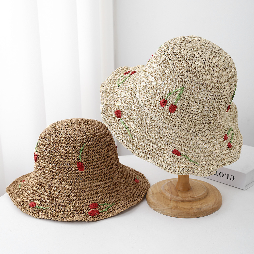 Bucket Hat Straw - 夏の帽子女性のための太陽の帽子桜の装飾バケットハット海辺の休日の日焼け止め通気性ビーチアクセサリー折りたたみ