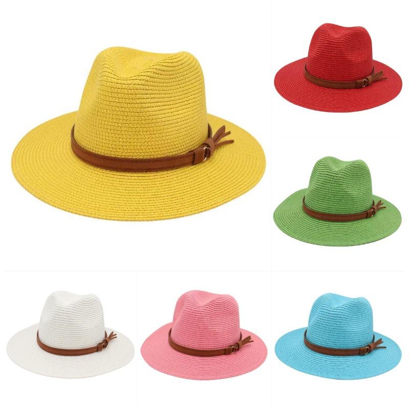 春と夏のパナマハット、黄色のベルトアクセサリー付き麦わら帽子 - Bucket Hat Straw のレビューと価格
