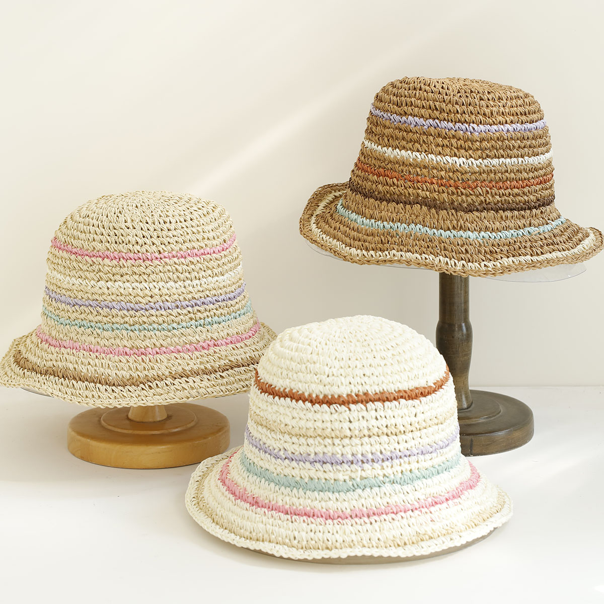 2026年新作 Y2K風 手作り 高品質 カラフルストライプ - Bucket Hat Straw のレビューと価格